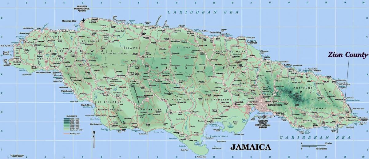 fisiko jamaikako mapa erakutsiz mendiak