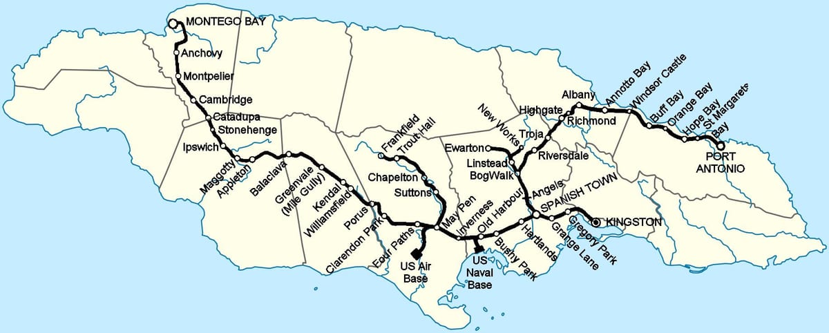 Jamaikako mapa tren geltokia