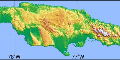 Jamaikako mapa erakutsiz mendiak lautada eta haranetan